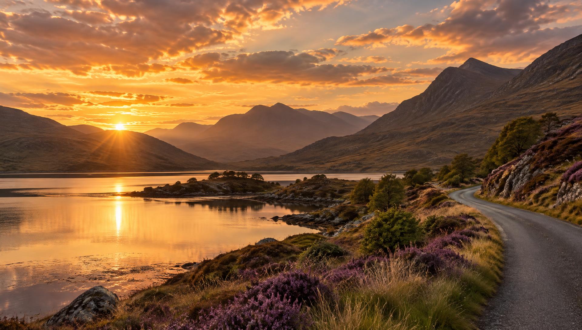 Loch et montagnes d'Écosse au coucher du soleil